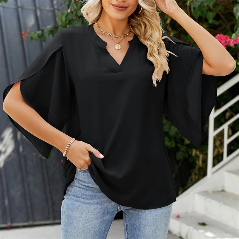 Women's V-Neck Chiffon Flare Sleeve Blouse