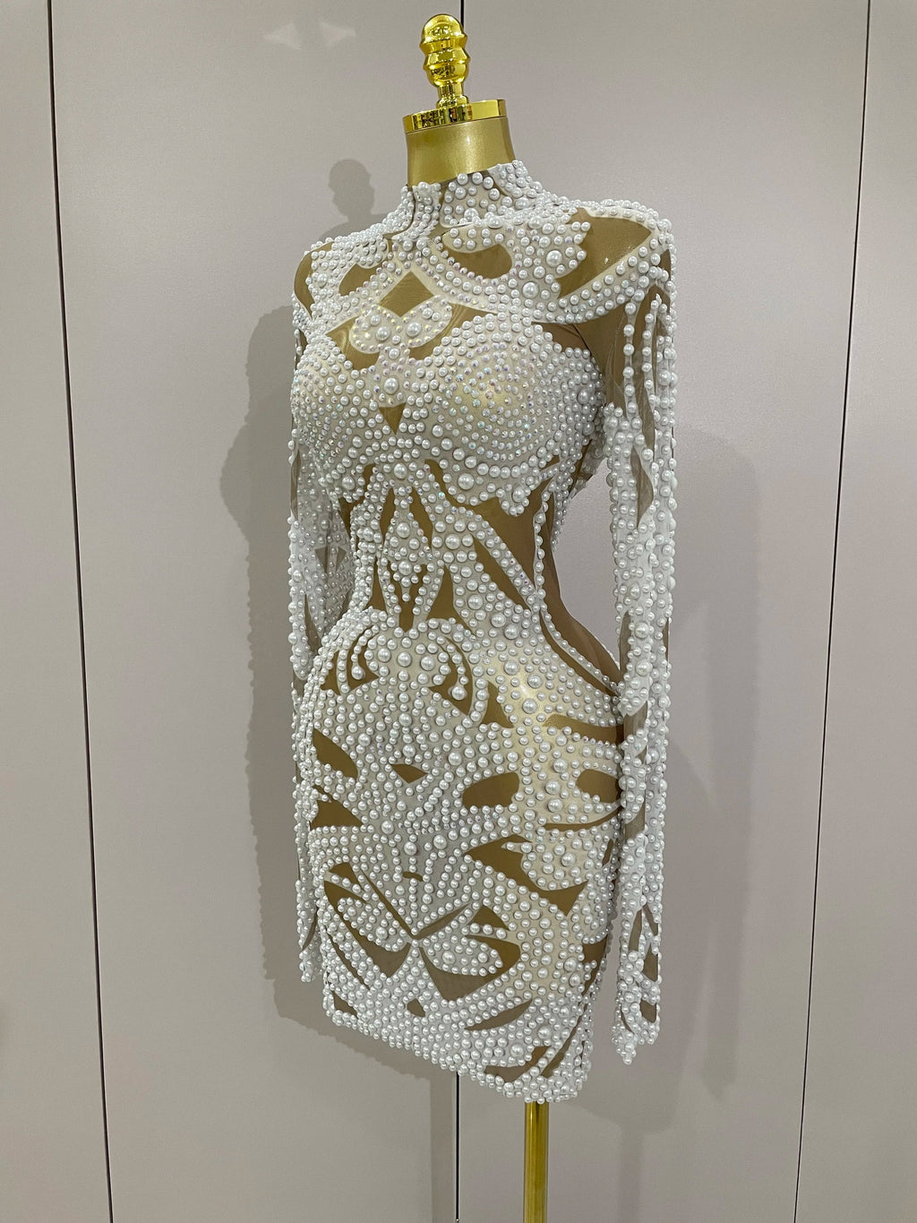 Rhinestone Pearl Mesh Evening Gown