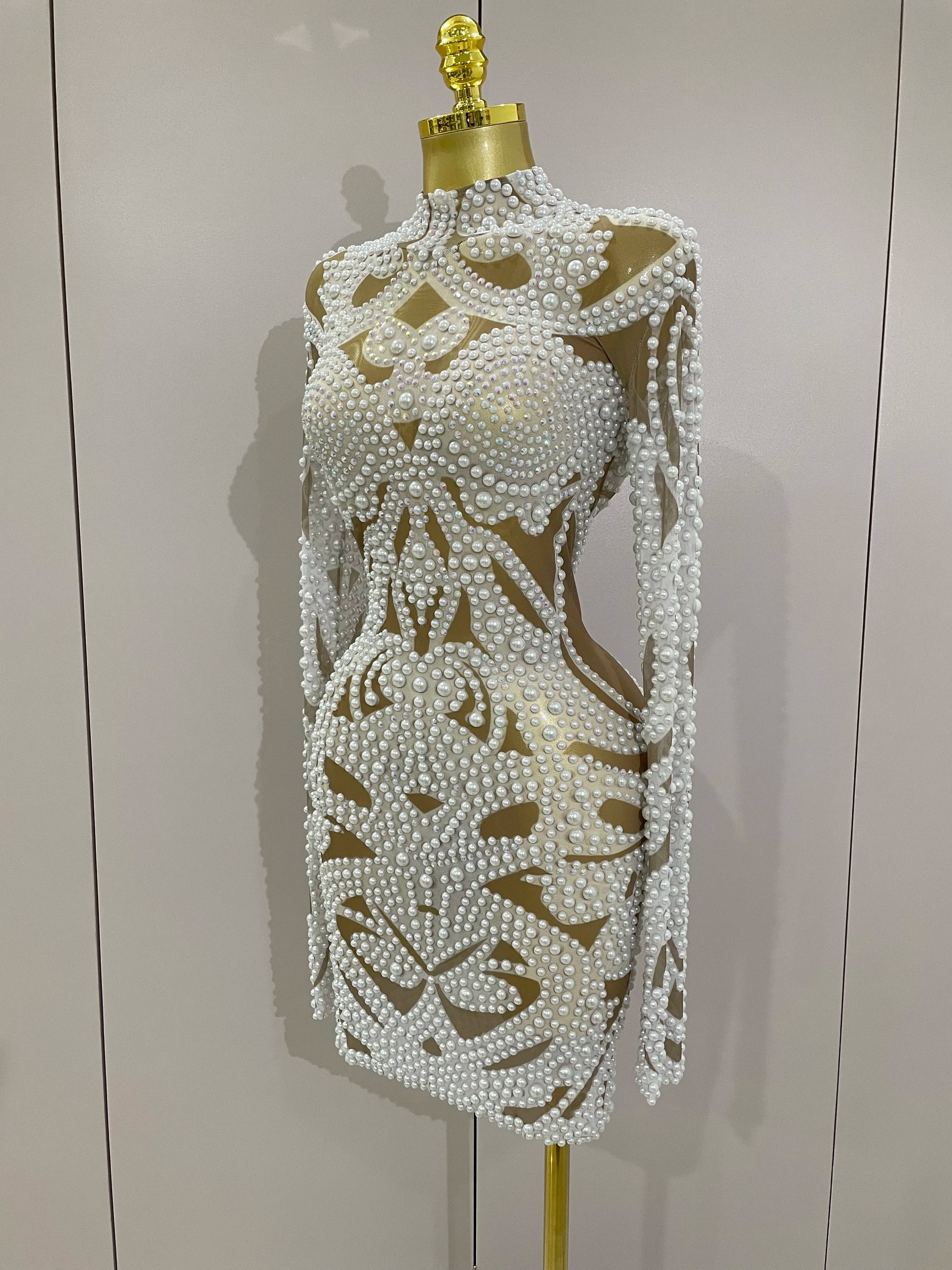 Rhinestone Pearl Mesh Evening Gown