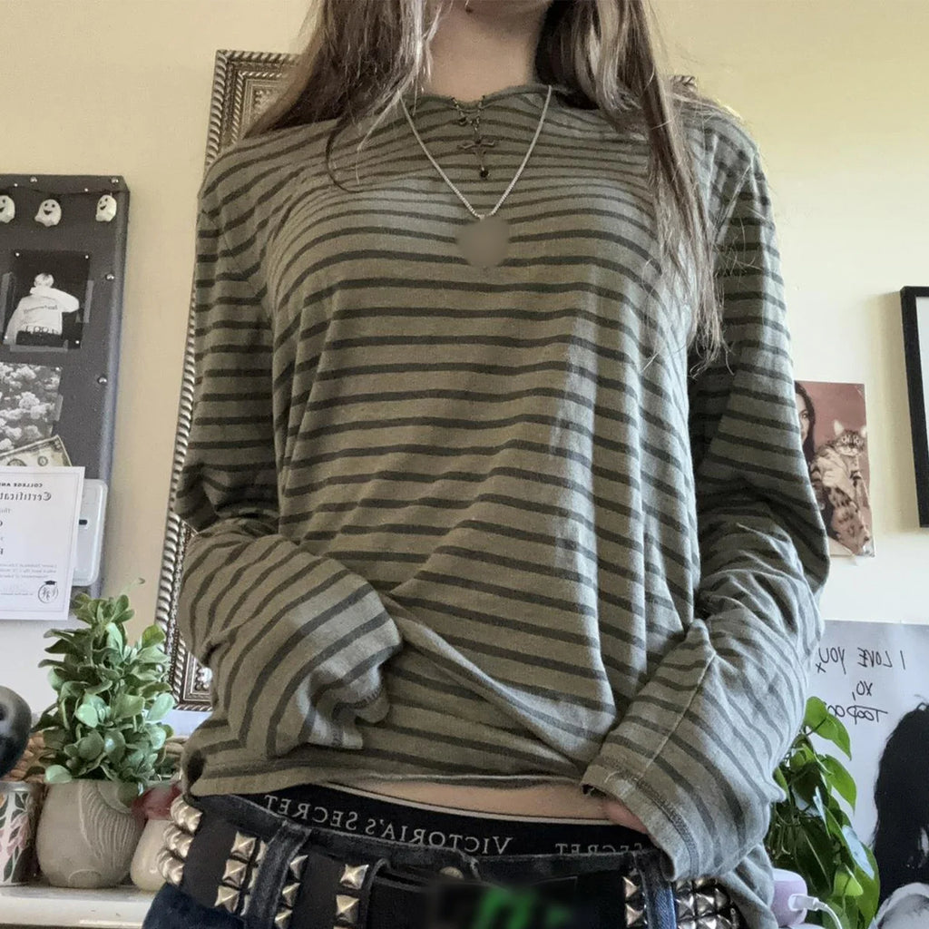 Striped Long Sleeve T-Shirt Women V-Neck Baggy Top