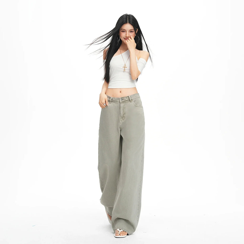 Y2K Vintage Wide Leg Jeans Women High Waist Zipper Pockets Streetwear Denim