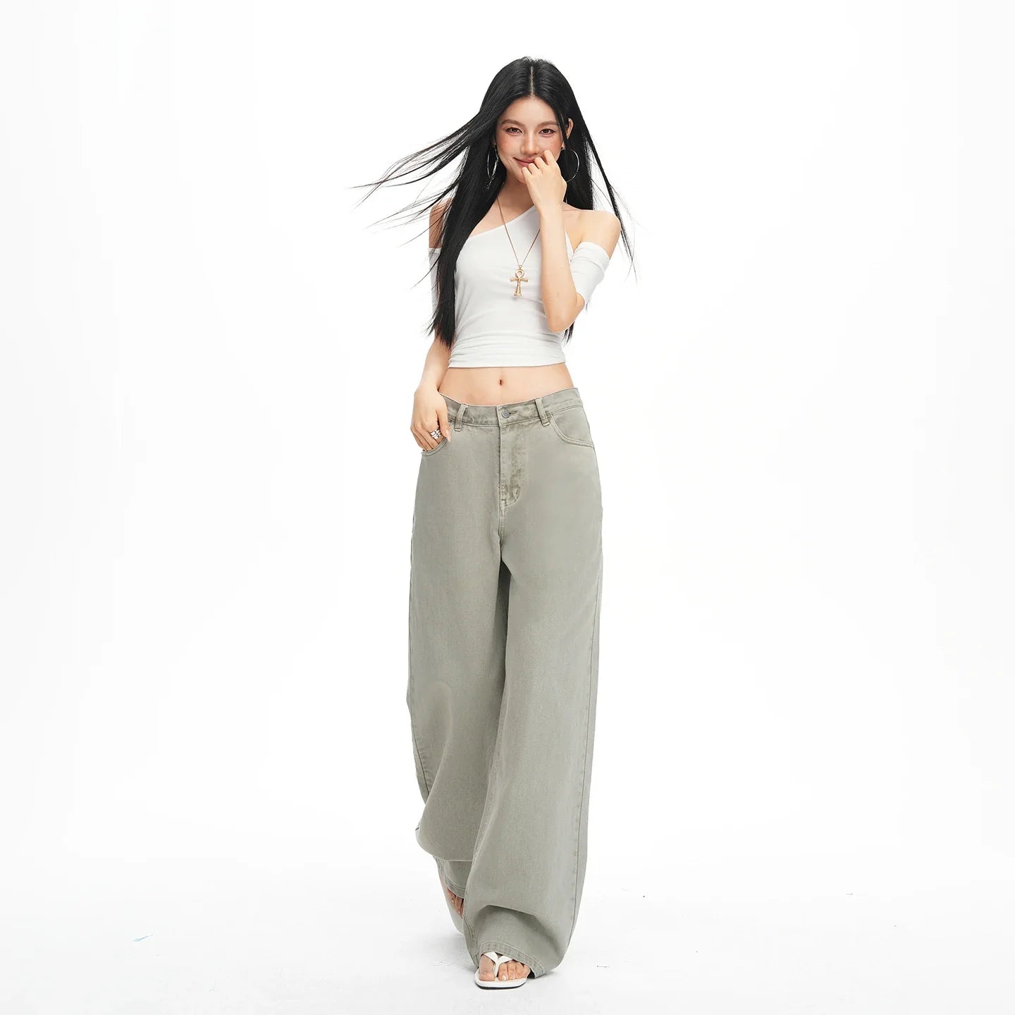 Y2K Vintage Wide Leg Jeans Women High Waist Zipper Pockets Streetwear Denim