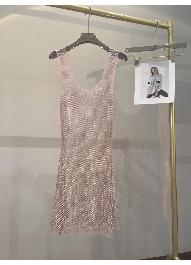 Sexy Sleeveless Skeleton Glitter Rhinestone Dress Mesh See Through Round Neck Midi Party Dress