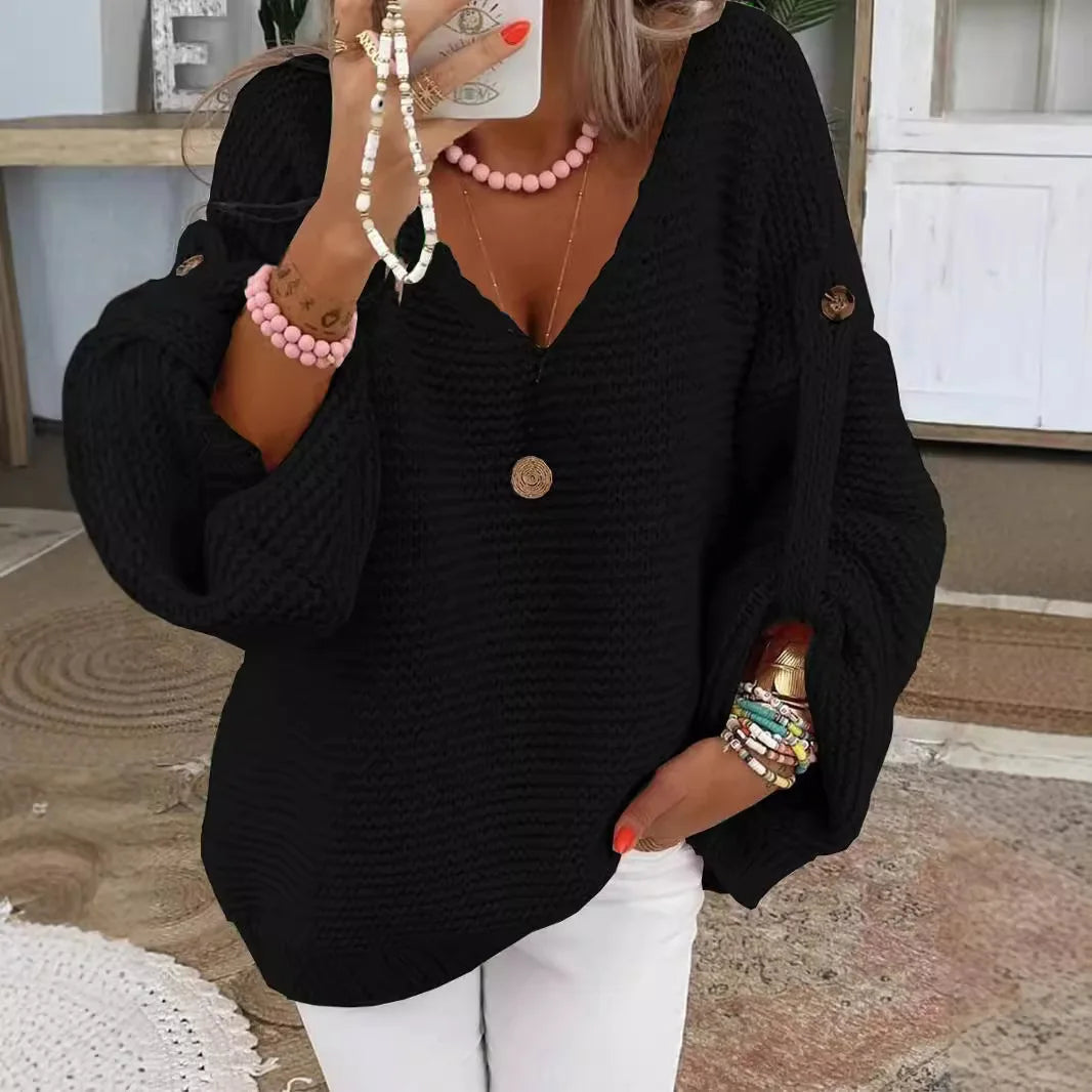 V-Neck Knit Cardigan Button Front Lantern Sleeve Loose Fit