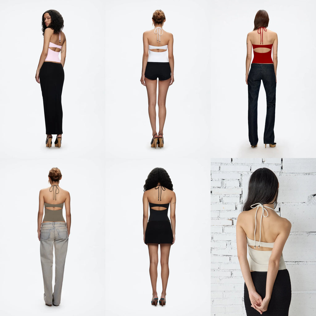 Tank Women's Open-Back Stretchy Camisole Top with Metal Accessories and Self-Tie Shoulder Straps, Low-Neck Sexy Halter Top