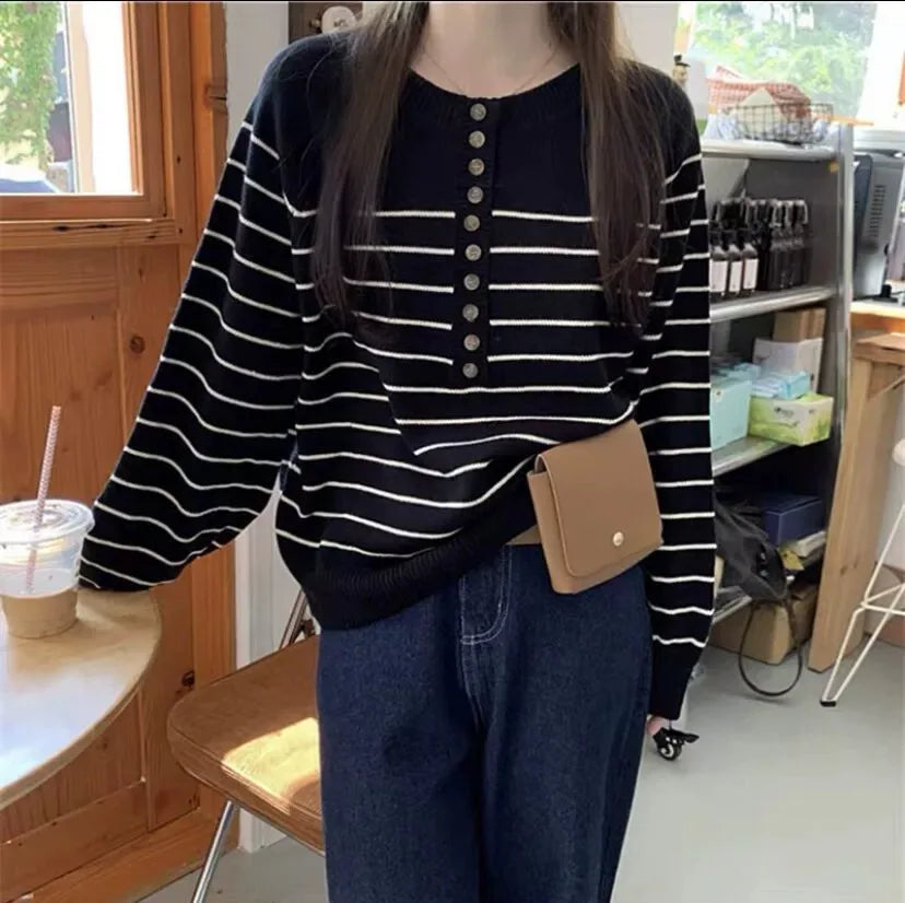 Round Neck Striped Wool Sweater Long Sleeve Loose Fit Pullover