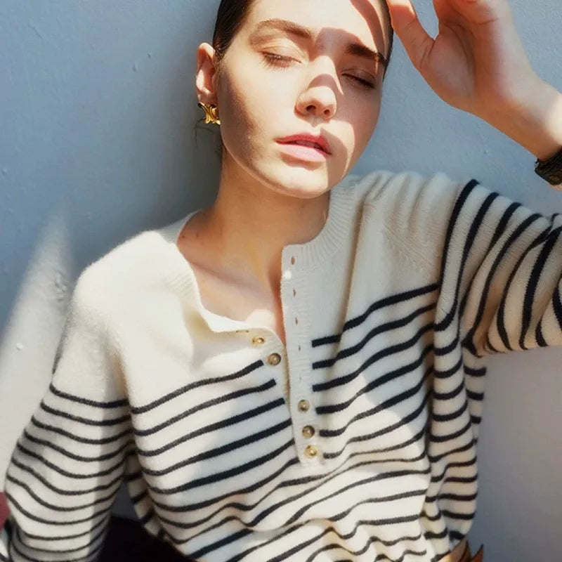 Round Neck Striped Wool Sweater Long Sleeve Loose Fit Pullover