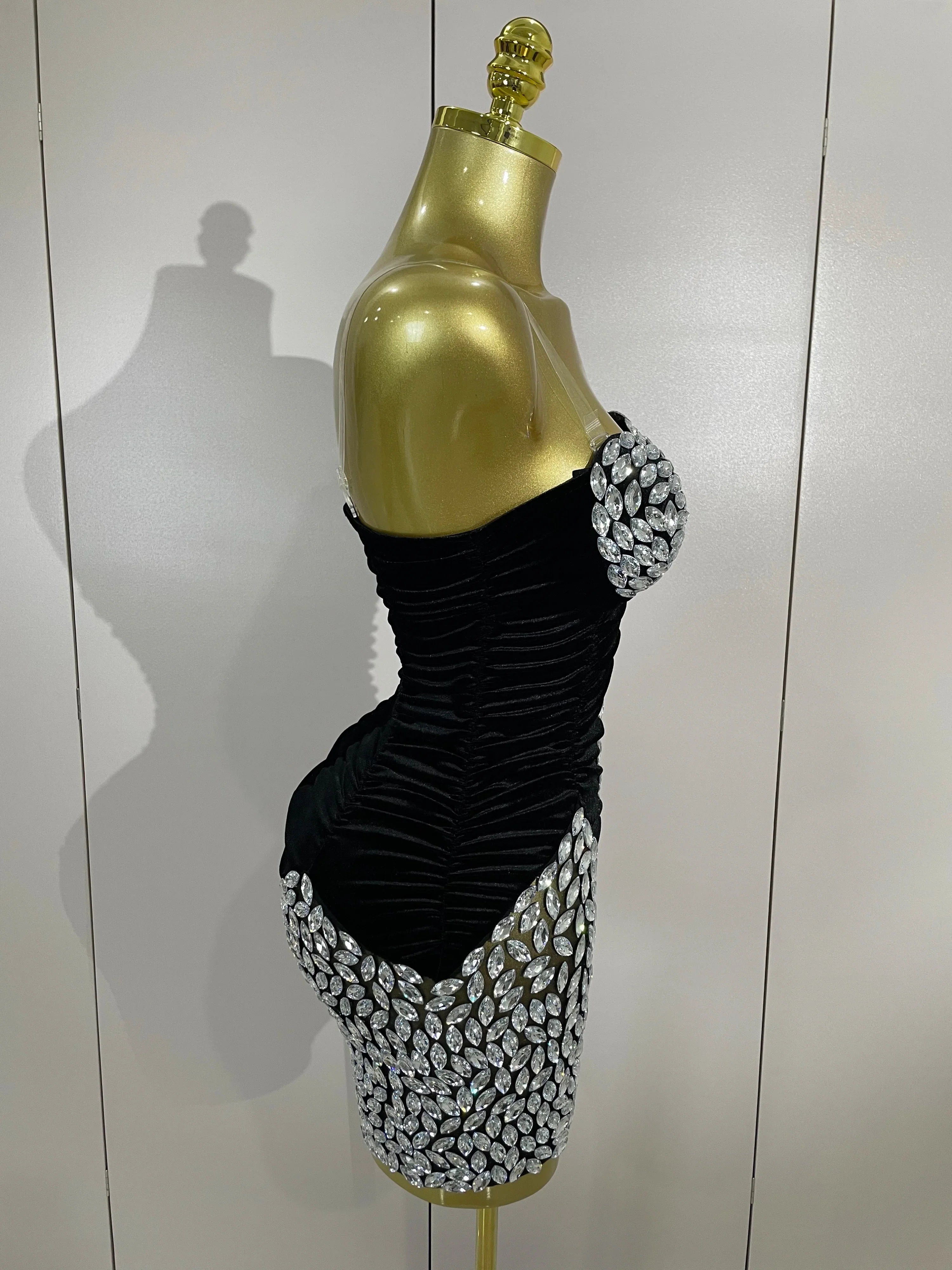Women's Sparkly Diamond Mesh Velvet Mini Dress