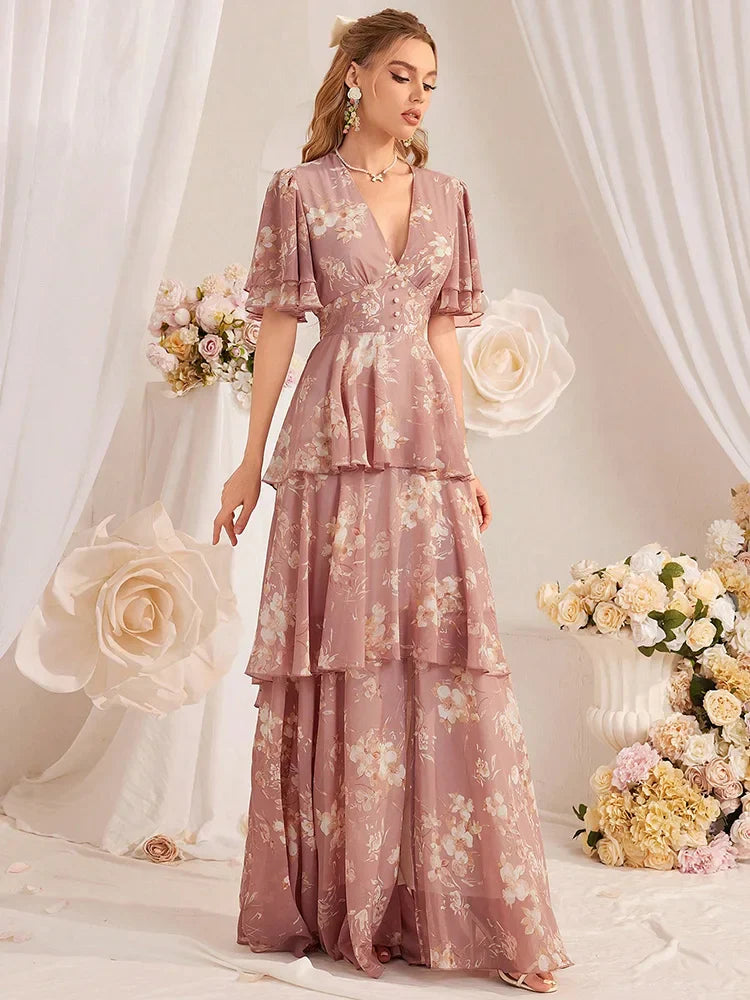 TOLEEN Casual Deep V-Neck Slim Floral Printed Tiered Ruffle Hem Long Dresses Fashion Elegant Women's Clothing
