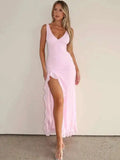Ruffle Spaghetti Strap Backless High Split Midi Dress