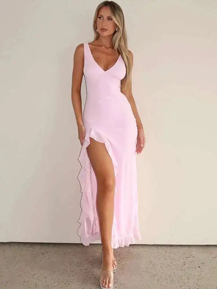 Ruffle Spaghetti Strap Backless High Split Midi Dress