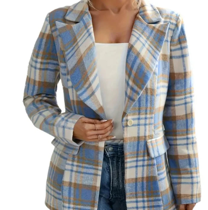 Women's Blazer - Plus Size Plaid Tailored Collar Jacket