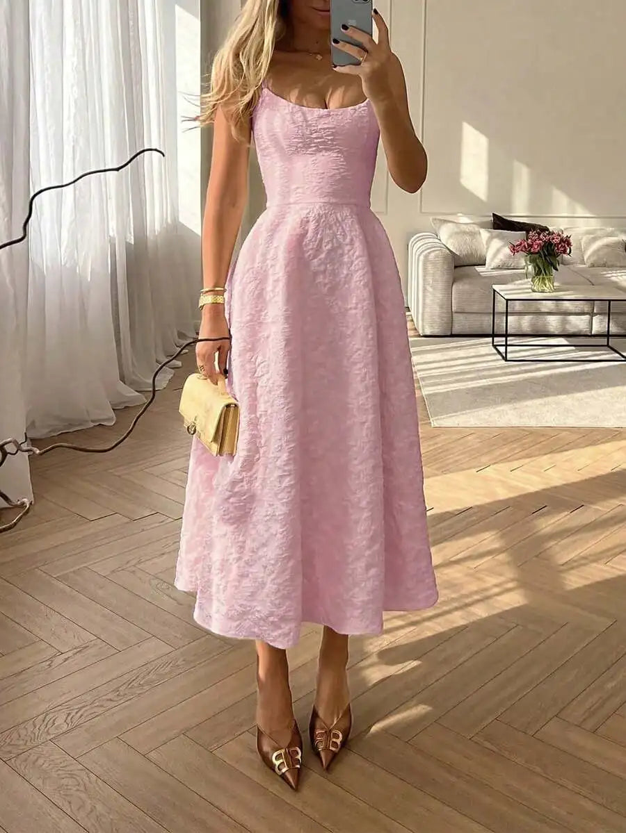 Elegant Solid Color French Style Sling Midi Dress with Waist Detail
