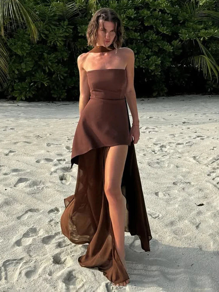 Strapless Mesh Maxi Dress Sleeveless Ribbon Patchwork Beach Vacation