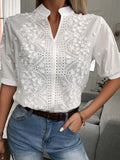 Embroidered Stand Collar Lantern Sleeve Hollow-Out Blouse