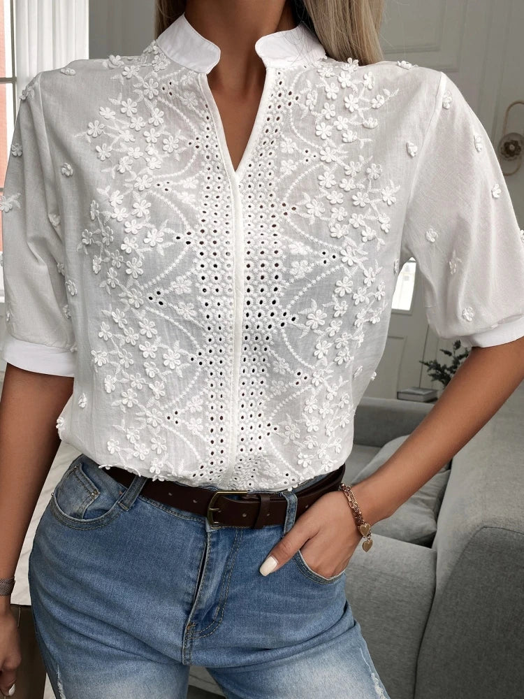 Embroidered Stand Collar Lantern Sleeve Hollow-Out Blouse