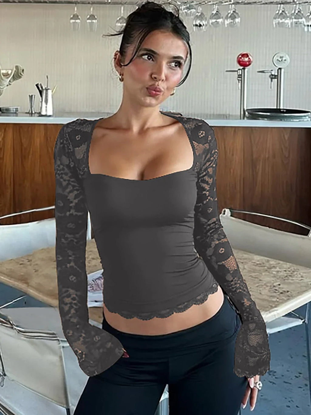 Square Collar Lace Patchwork Crop Top | Sheer Long Sleeve Party T-Shirt