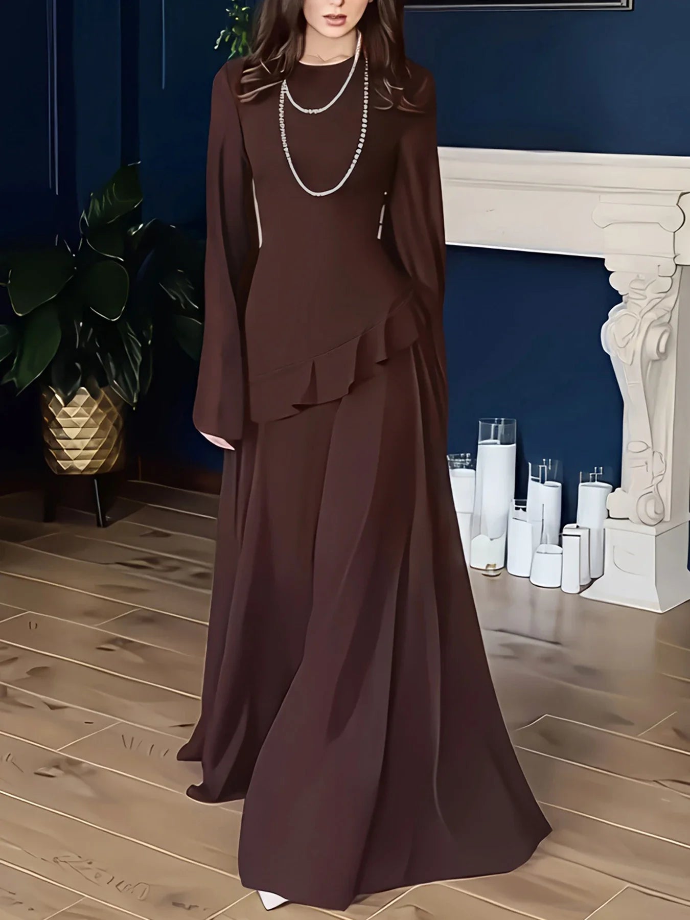 Ethnic Style Elegant Robe Dress Coffee Flared Long Sleeve Round Neck