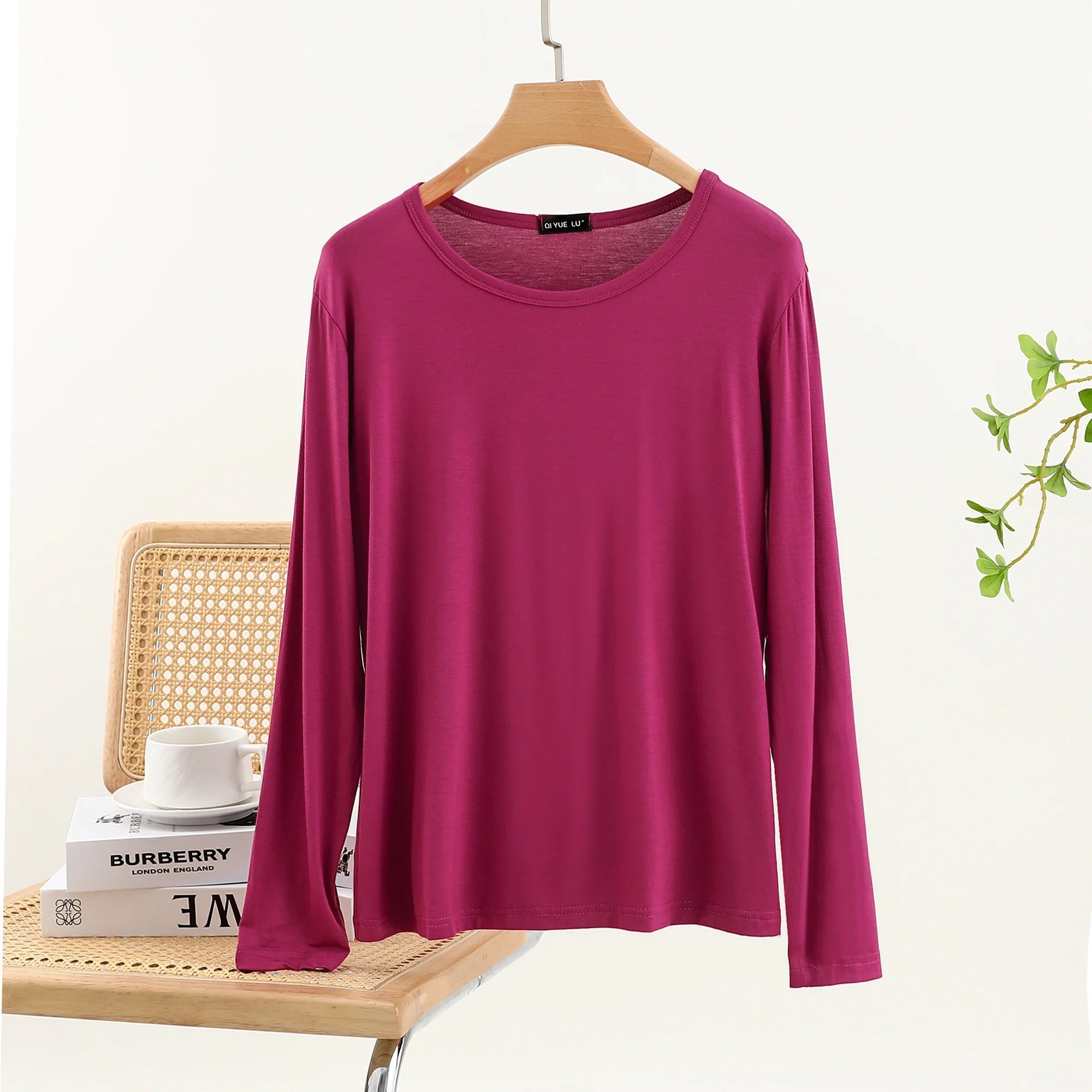 Casual Modal Long Sleeve T-Shirt Women's Spring Thin Round Neck Base Shirt Loose Fit Plus Size Slim Pure Color Top