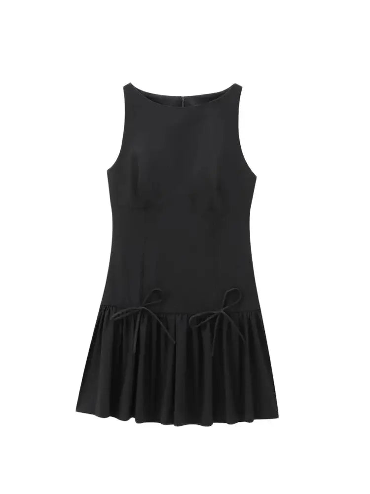 O-Neck Bow Ruffle Sleeveless Back Zipper Mini Dress