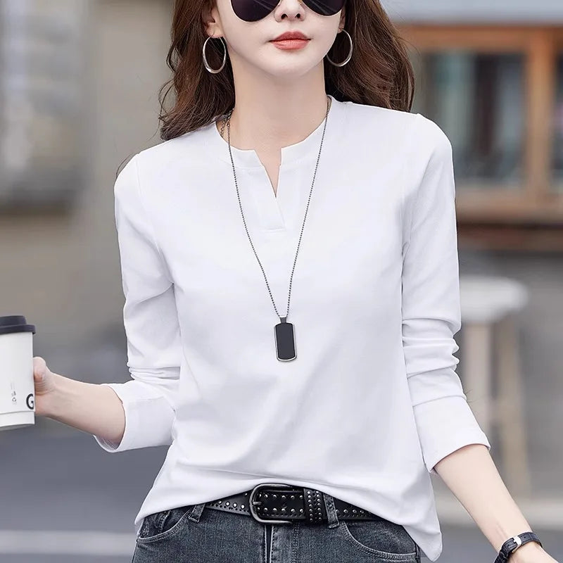 Women's V-Neck Cotton Long-Sleeve T-Shirt