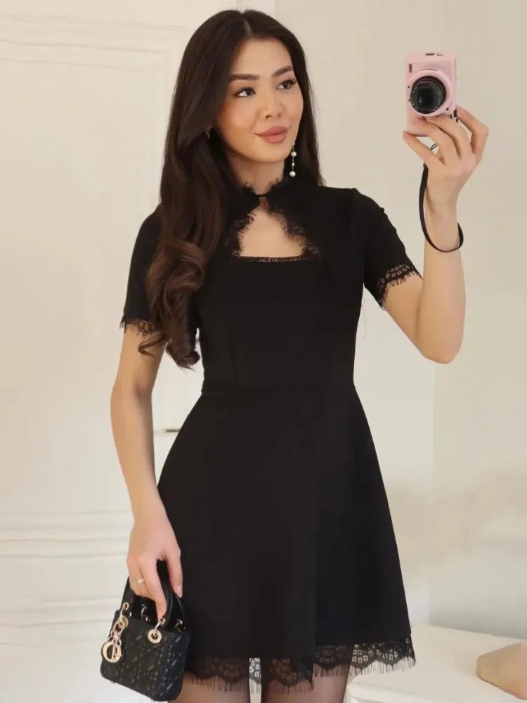 Women's Black Lace Hollow-Out Mini Dress
