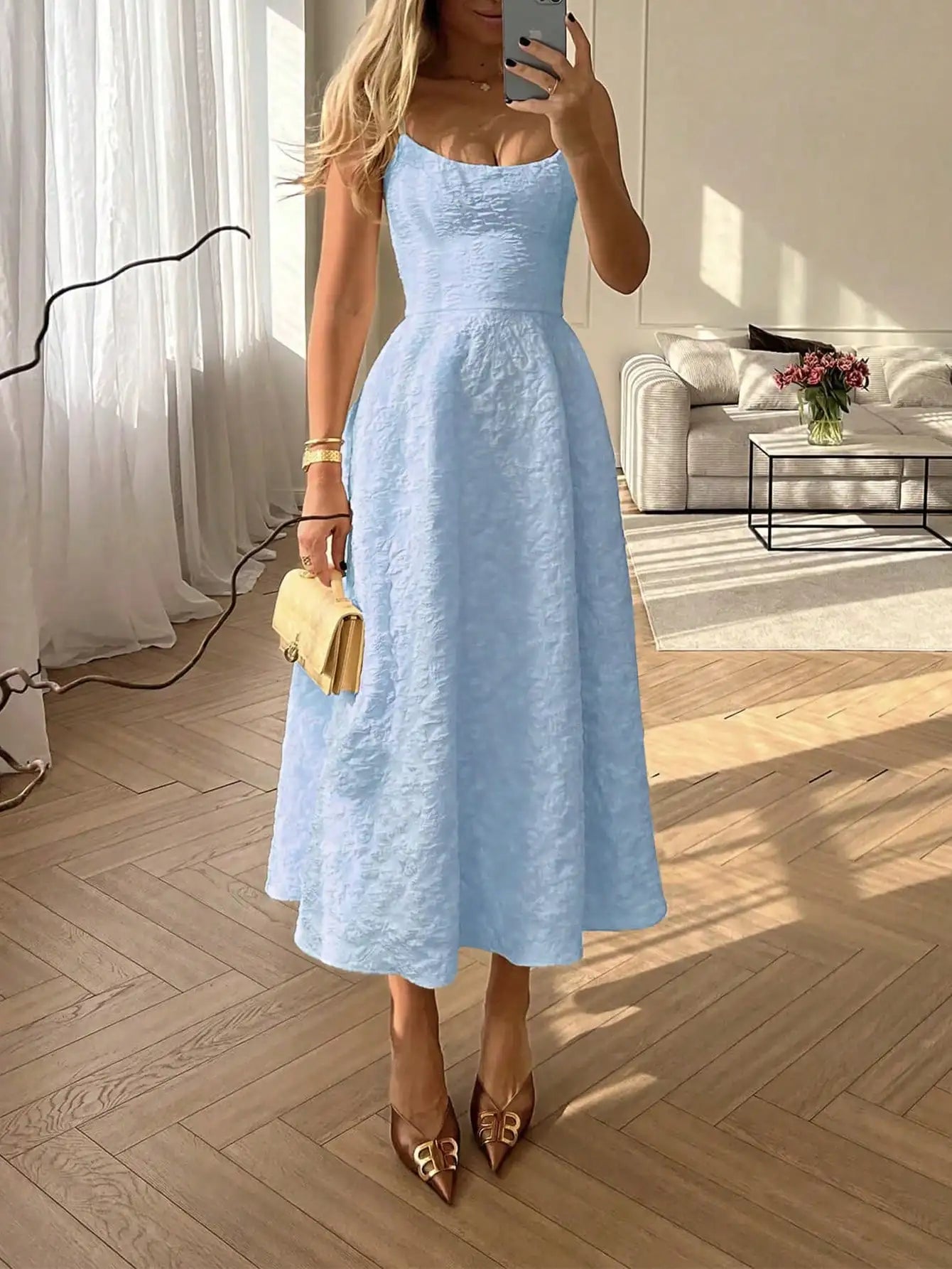 Elegant Solid Color French Style Sling Midi Dress with Waist Detail