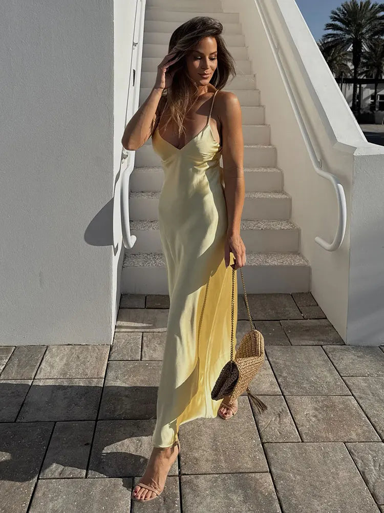 Satin Sling Backless Maxi Dress