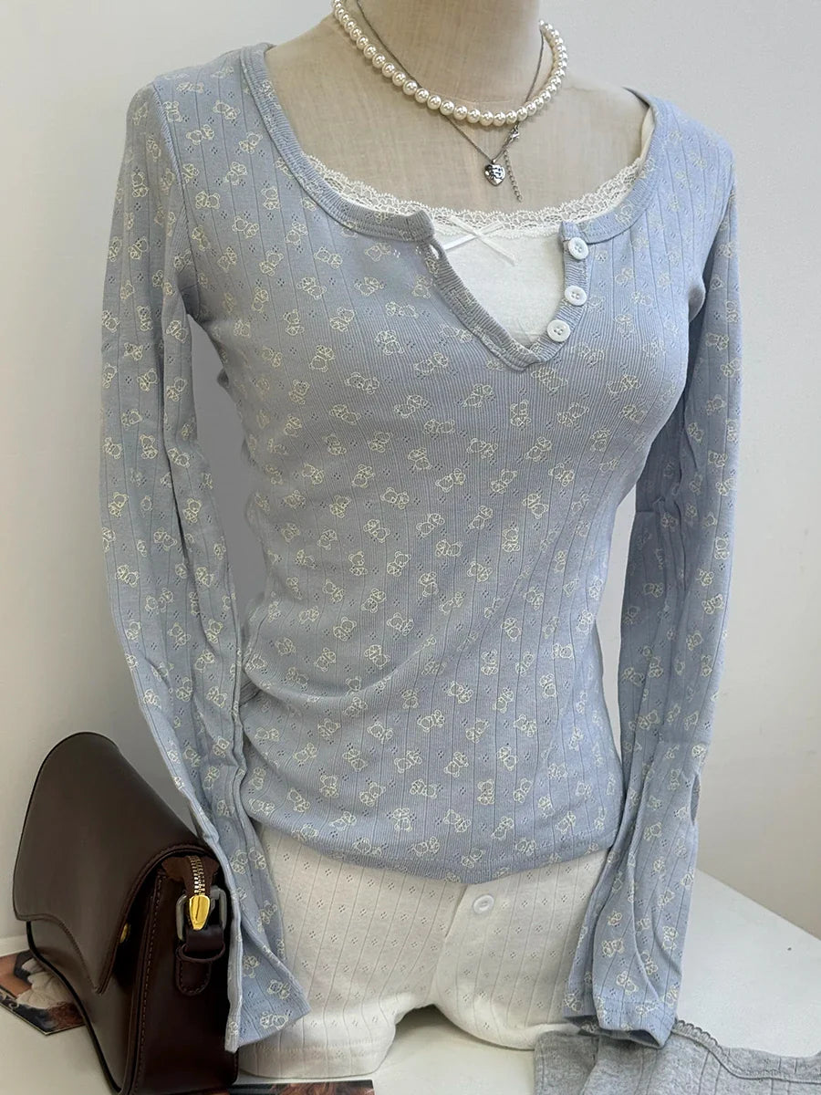 Sweet Button Long Sleeve Tees Women Spring New Cotton Rose Pink Striped Slim Zelly Tops Simple Chic Preppy Style T-shirts