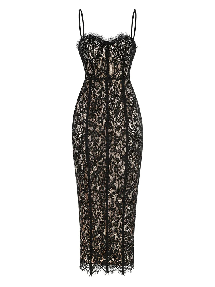 Sexy Spaghetti Strap V Neck Lace Long Dress Women Black Floral Lace Sleeveless Bodycon Dresses Elegant Evening Celebrity Party