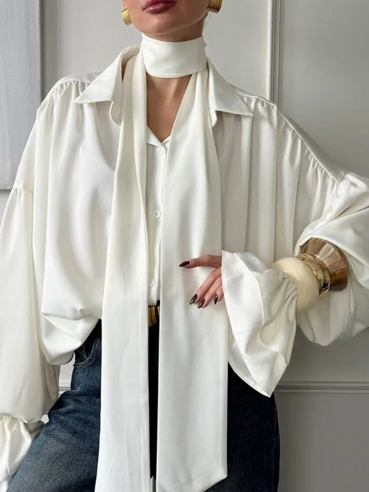 Women's Satin Blouse with Puff Sleeves - Elegant Office Top