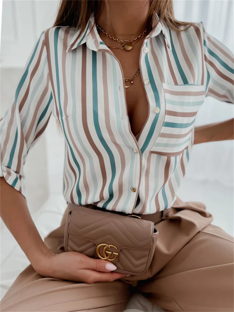 Women's Office Blouse - Stripe Print Long Sleeve Slim Fit Shirt