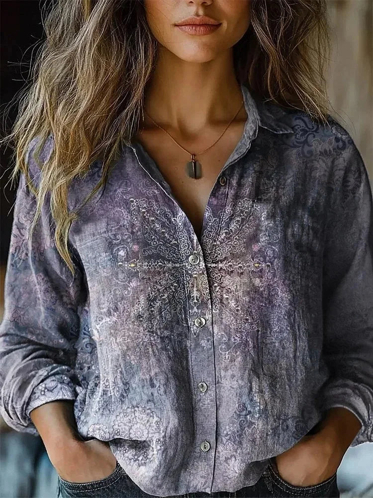 Women's Vintage Print Cotton Linen Shirt - Long Sleeve Casual Blouse