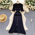 V-Neck Button Ruffle Knit Midi Sweater Dress