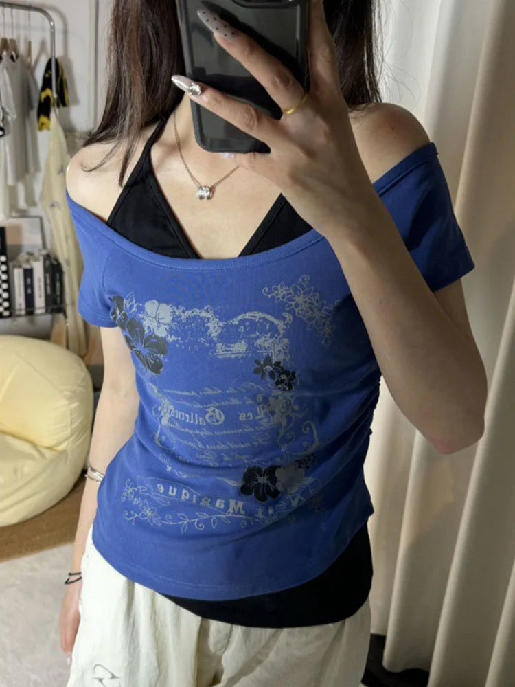 Vintage Y2K Halter Lace-Up Off-Shoulder Tee