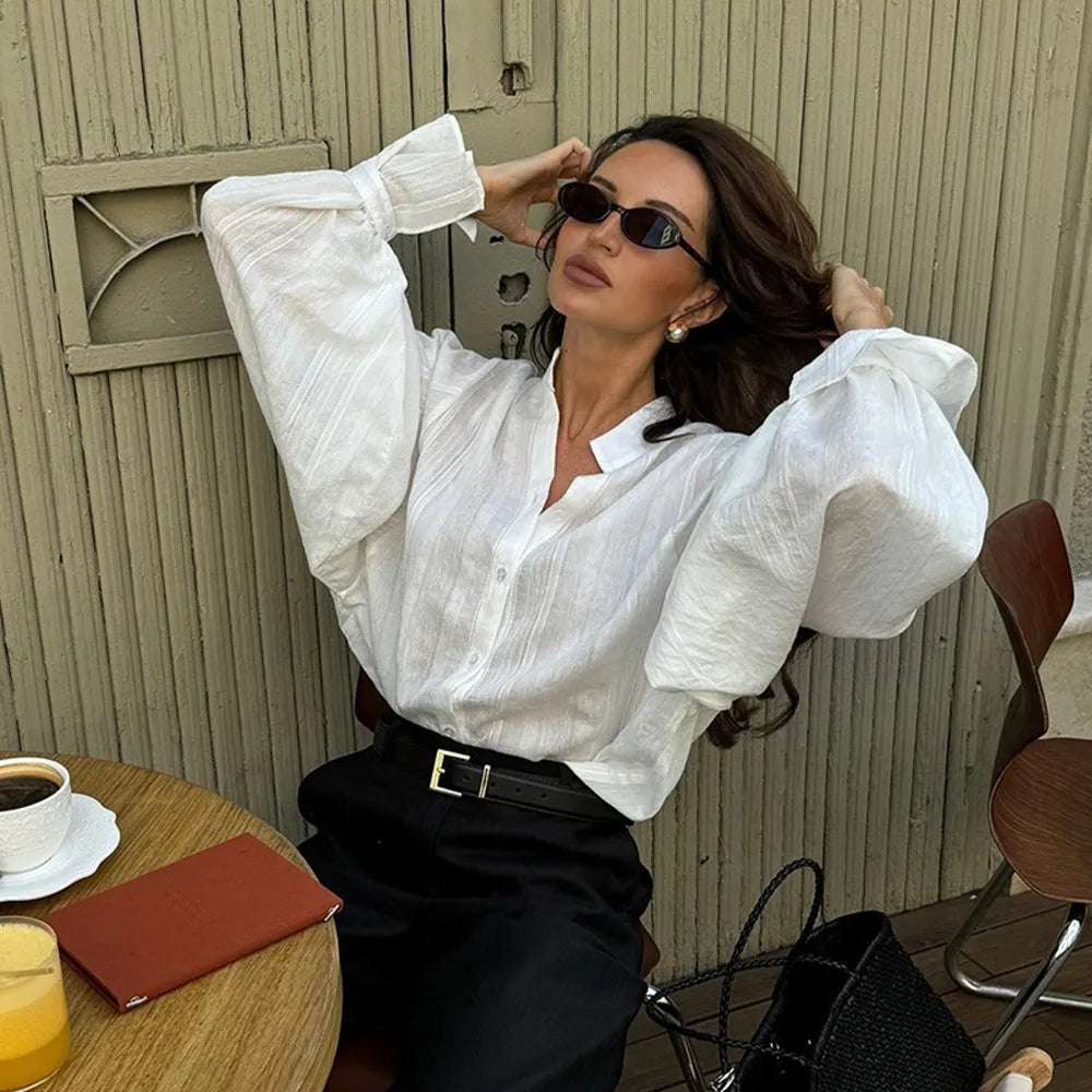 Stand Collar Button-Up Shirt Puff Sleeve Loose Fit Blouse
