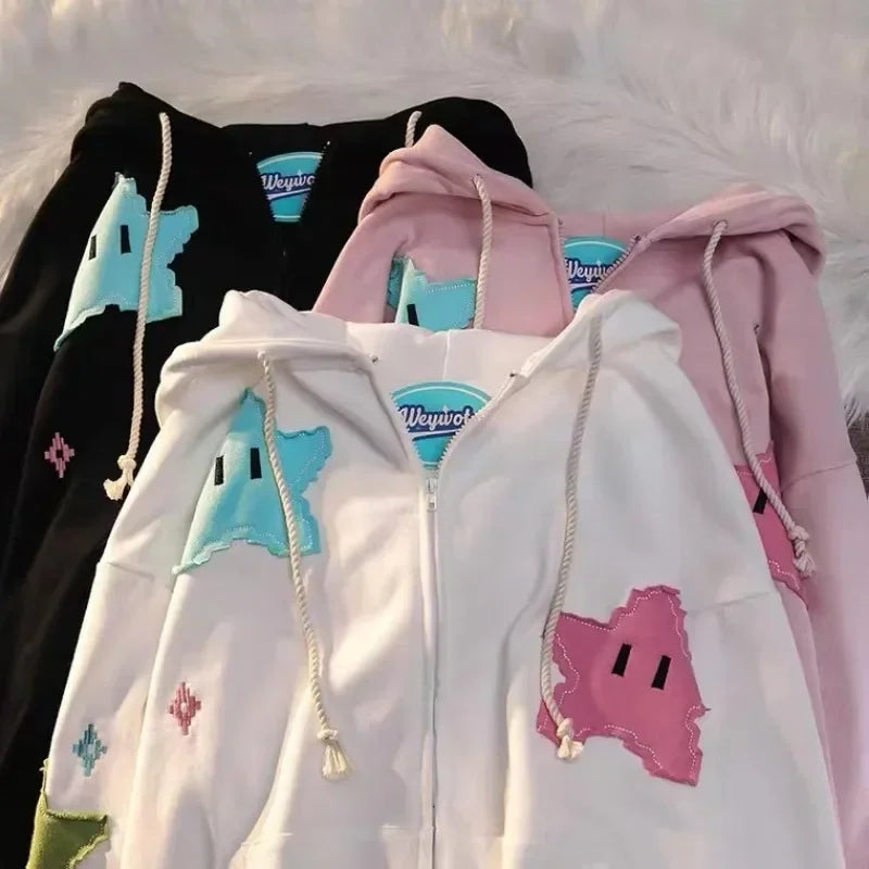 Y2K Oversized Embroidered Zip-Up Hoodie