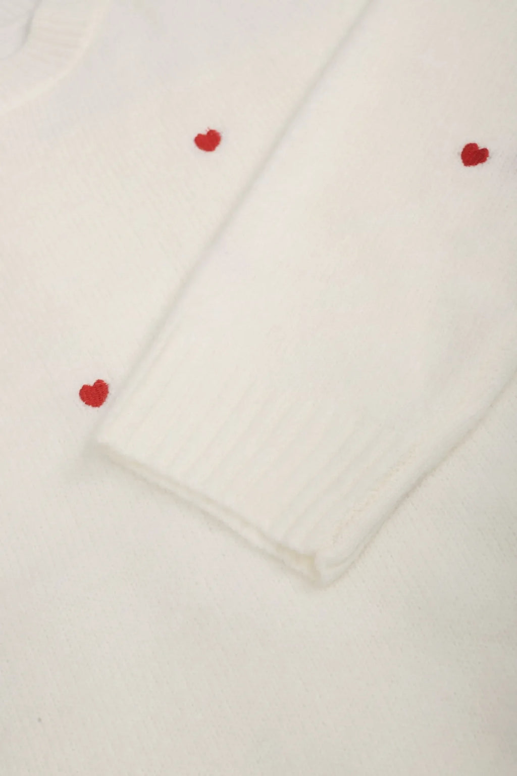 Women's Cream Red Heart Embroidered Oversized Knit Sweater