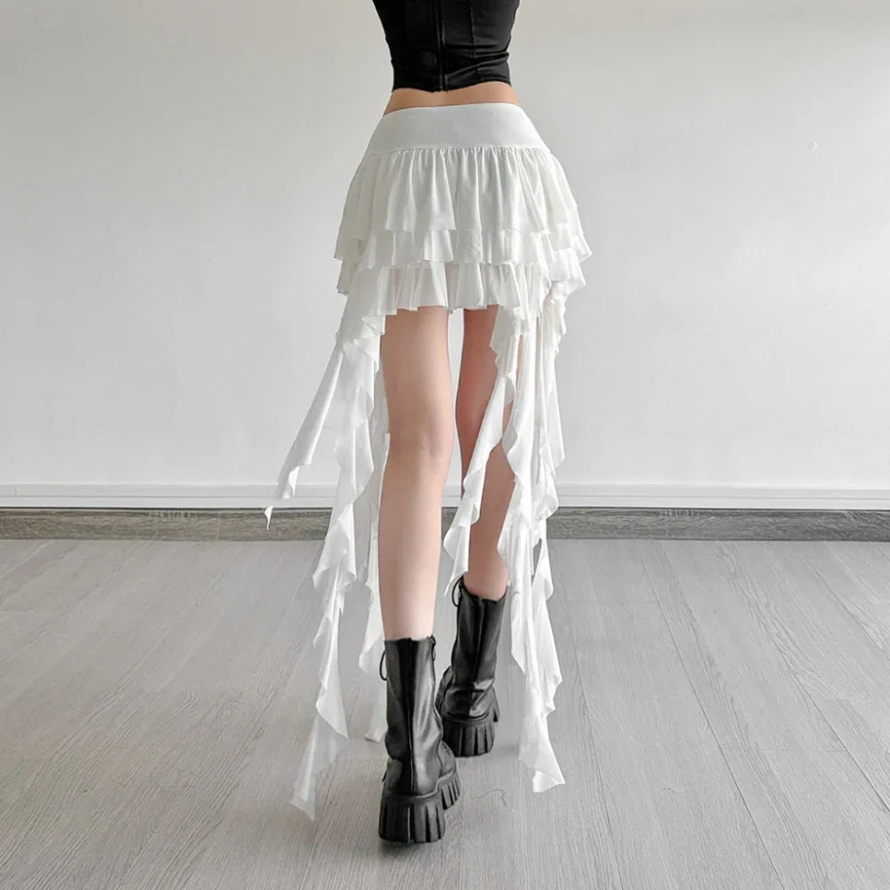 SylCue Ruched Elegant Mini Skirts Women Y2K Sweet Style Elastic Waist Ruffles Tassel Street Fashion Trend Solid Classic Outfits