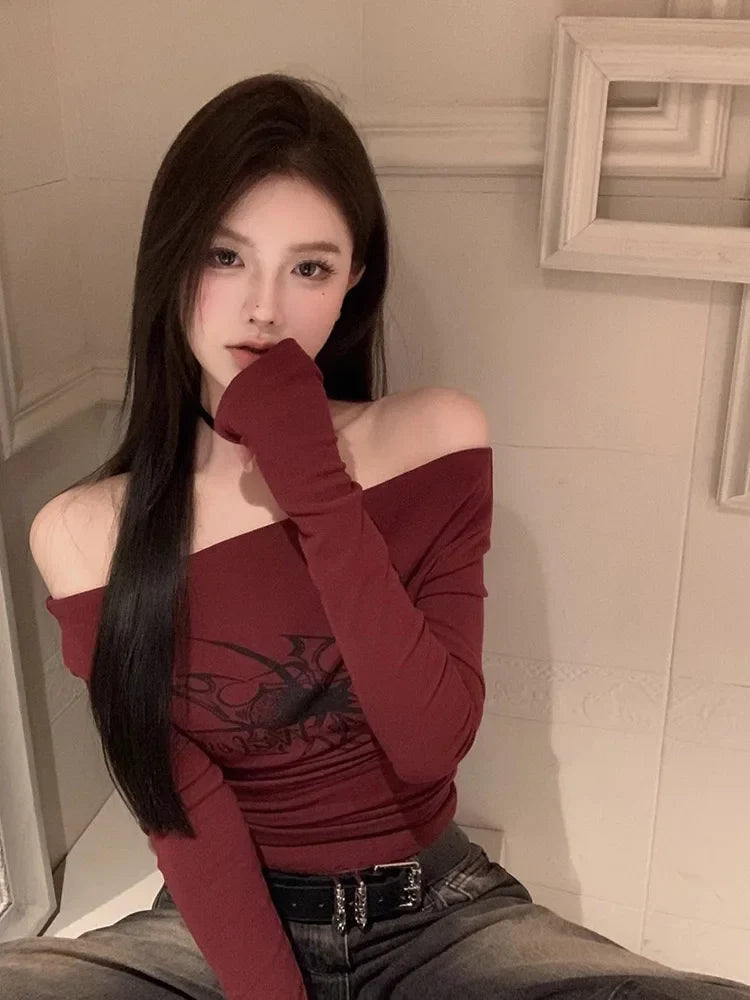 Y2K Long Sleeve Off-Shoulder Slash Neck Appliques Slim Fit Crop Tee Vintage Streetwear