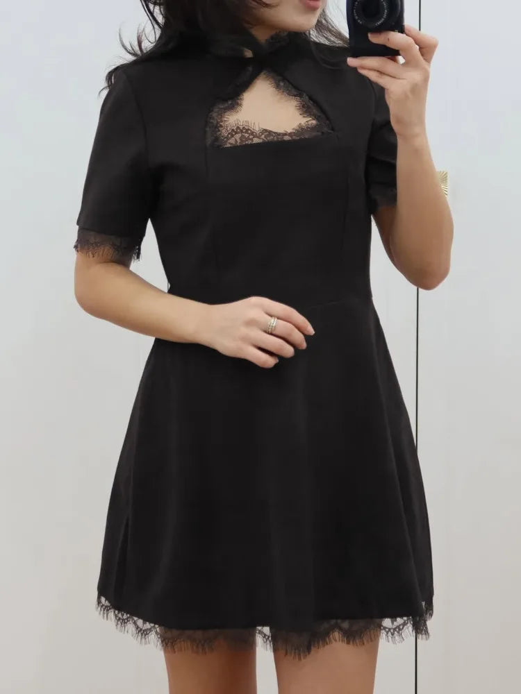Women's Black Lace Hollow-Out Mini Dress