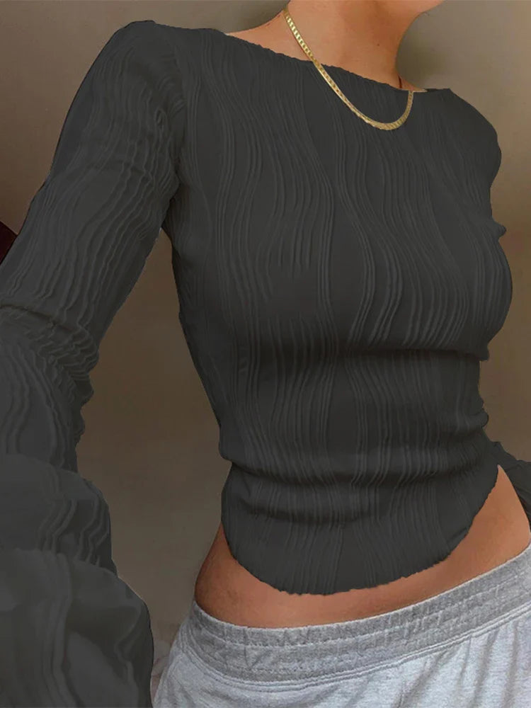 Long Sleeve O-Neck Ruched Skinny Slim Fit Crop Tee Y2K