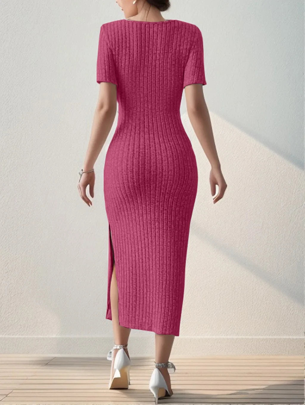 Square Neck Knitted Slit Dress Mid-Calf Sleeveless Hip-Hugging