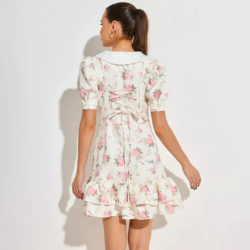 Tornova Print Puff Sleeves Ruffled Dress Women's V-Neck High Waist Pearl Buttons Mini Dress Female Casual Vacation Fashion Dress