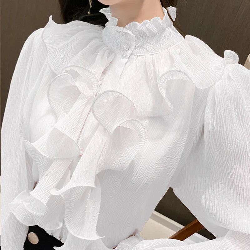 Vintage Lace Ruffle Chiffon Blouse | Women's Long Puff Sleeve Elegant Top