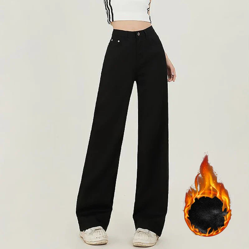 High Waist Fleece-Lined Slim Straight Jeans