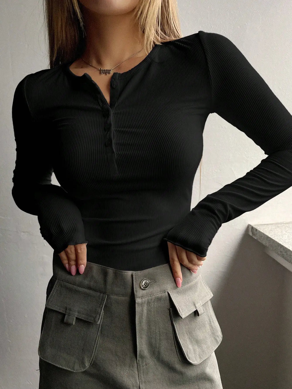 Ribbed Half Button Long Sleeve Tee
