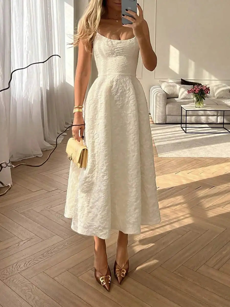 Elegant Solid Color French Style Sling Midi Dress with Waist Detail