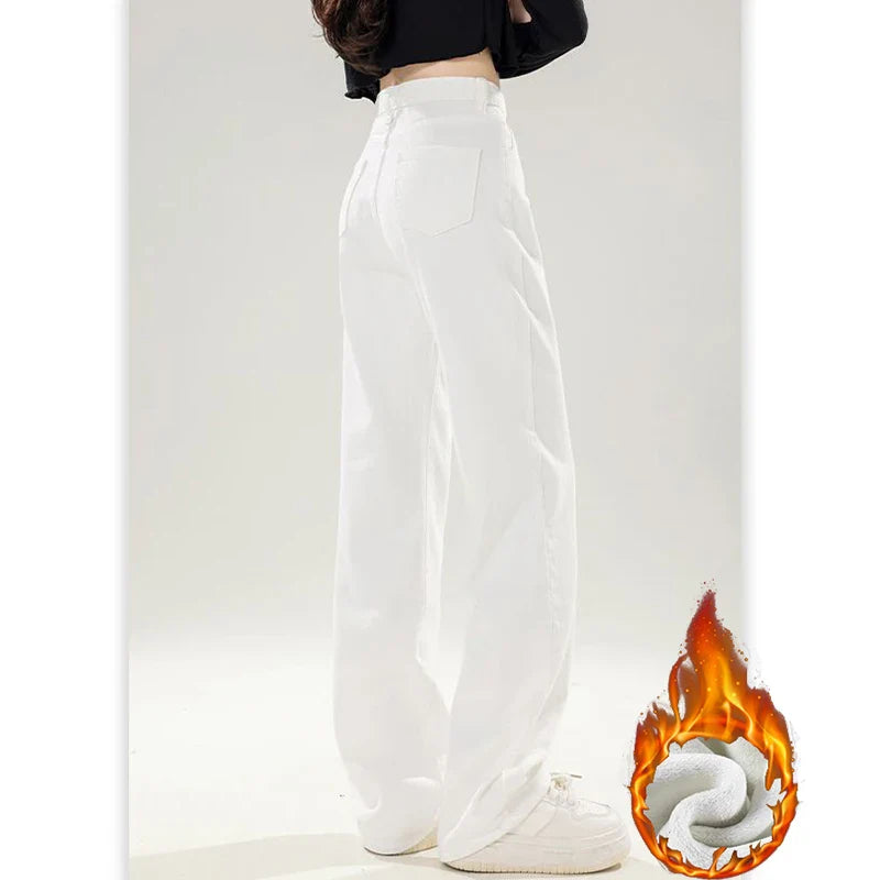 High Waist Fleece-Lined Slim Straight Jeans