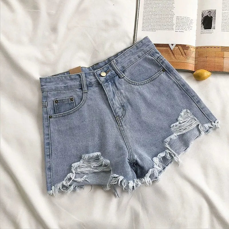 Denim Shorts Women Summer Fashion Casual High Waist Ripped Jeans Pocket Tassel Y2K Hot Pants Streetwear Blue Trousers